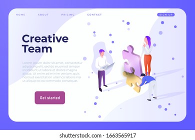 Creative Team web design page template, vector. Creative isometric people make a brainstorming with puzzle 3d elements