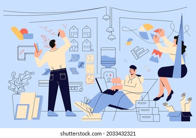 Creative team while working on a project in design studio. Male and female young employee and new company project. The concept of teamwork for web design or ui. Flat Art Vector Illustration