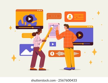 Creative team work together. Man and woman create content for social networks and messengers. Art directors edit articles, pictures, audio and video files. Flat vector illustration