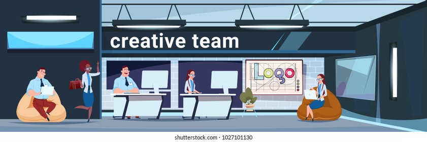 Creative Team Working In Modern Office Coworking Space Business People Group Brainstorming Flat Vector Illustration