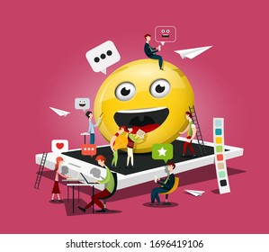 Creative Team Working on Application Design with Big Circle Smiling Happy Face on Mobile Phone Vector Illustration. App Testing Concept.