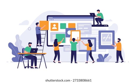 Creative team working on a user interface design with large screen and colorful website elements and icons in office.