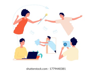Creative team working. People thinking, idea finding and implement. Brainstorming, woman man office managers, daily work process vector illustration