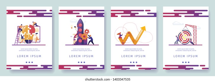 Creative Team Working Process, Start Up Project, Growing Arrow, Targeting Mobile App Page Onboard Screen Set for Website. Business Success, Office Cartoon Flat Vector Illustration, Vertical Banner