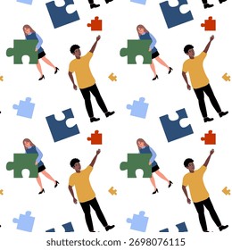 Creative team working with puzzle pieces in a vibrant collaborative environment