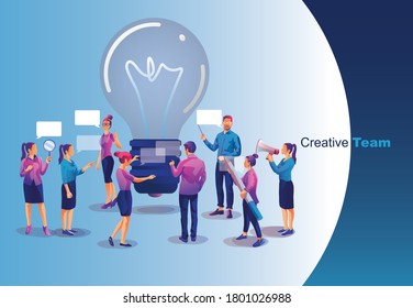 Creative Team working and Searching Idea Concept. Innovation concept
Business people with big Light Bulb Idea. People working together on new Project. Creativity, Brainstorming Vector illustration 
