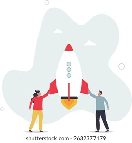 equipe criativa trabalhando em conjunto. Comunicação de negócios e colaboração.foguete como um símbolo de uma startup. vida de caráter .