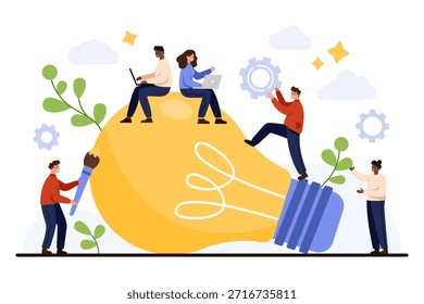 Equipo creativo trabajando juntos en innovación, lluvia de ideas y resolución de problemas con bombilla que simboliza la gran idea, perfecto para el trabajo en equipo empresarial y la Ilustración vectorial de planificación de proyectos