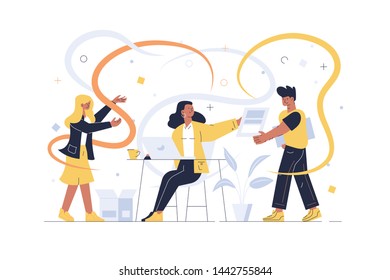 Creative team working together vector illustration. Designers creating new project flat style design. Man and women creators developing start-up in office. Teamwork concept