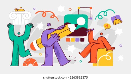 Creative team working under corporate project. Business and creativity process, teamwork concept. Flat vector illustration