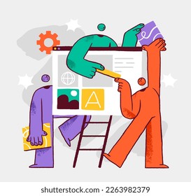 Creative team working under corporate project. Business and creativity process, teamwork concept. Flat vector illustration