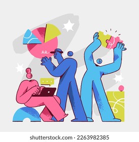 Creative team working under corporate project. Business and creativity process, teamwork concept. Flat vector illustration