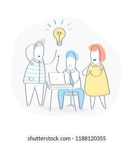 Creative team working under new product, solve the problem, generate ideas, working together in the company, brainstorming. Concept of team, business teamwork, human resources, management. Line vector