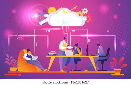 Creative Team Working Using Cloud System. File Storage Technology, Sharing, Remote Workers, Network Industry People Sharing Work Files. Cloud Improvement to Transfer. Cartoon Flat Vector Illustration.