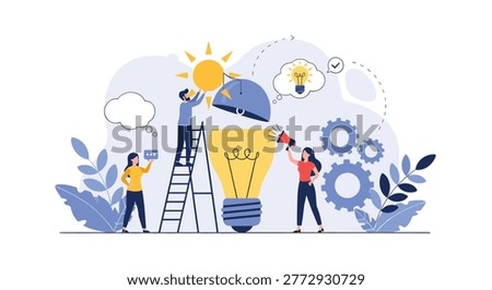Creative team works together to build a giant lightbulb and brainstorm new startup ideas using communication tools in a modern office.
