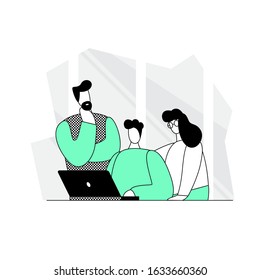 The creative team works together. Men and women discuss the idea. Flat linear design. Vector illustration. Team at the workplace in the office.