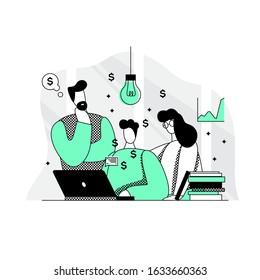 The creative team works together. Men and women discuss the idea of a startup. Business process concept. Flat linear design. Vector illustration. Team at the workplace in the office.