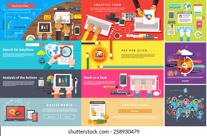 Creative team. Young design team working desk. Business plan strategy with touchscreen presentation. Search for solutions infographics. Businessman working on notebook. Analysis actions. Pay per click