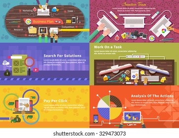 Creative team. Young design team working at desk. Business plan strategy. Search for solutions infographics. Businessman working on notebook with different task. Analysis actions. Pay per click