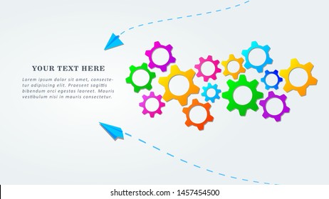 Creative teamwork banner design with colorful gears icons. Idea of partnership and collaboration. Flat template for business strategy, development, cooperation, team work, project management
