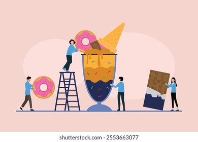 Creative Teamwork Building a Giant Dessert 2d flat vector illustrations