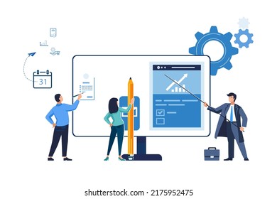 Creative teamwork in business, computer.People build a business project on a website on the Internet, work The monitor screen is a construction site.Collective performance of tasks.Vector illustration