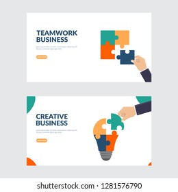 Creative and teamwork business illustration concept, business hands connect puzzle, bulb puzzle, flat design vector illustration