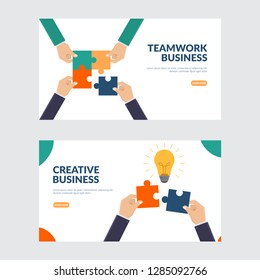 Creative and teamwork business illustration concept, business hands connect puzzle, bulb puzzle, flat design vector illustration