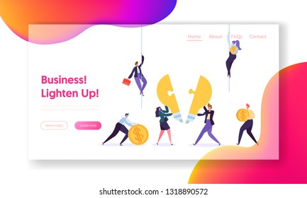 Creative Teamwork Business Innovation Concept Landing Page. Male and Female Character Hold Money Sign. People Make Puzzle Pieces of Light Lamp Website or Web Page. Flat Cartoon Vector Illustration