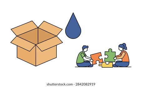 Creative teamwork concept with kids assembling colorful puzzle pieces near a cardboard box and a blue water droplet.