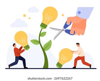 Concepto de trabajo en equipo creativo con personas que recolectan ideas de bombillas de una planta en crecimiento aislada sobre fondo blanco que simboliza la innovación y la Ilustración vectorial de lluvia de ideas