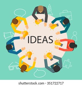 Creative teamwork concept. People sitting behind the table with light bulbs and line icons set, top view. Text Ideas. Vector illustration