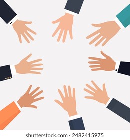 Creative teamwork concept vector. Illustration is in flat style. The hands of a diverse group of people come together. Concept of cooperation, unity, partnership, agreement, teamwork, social community