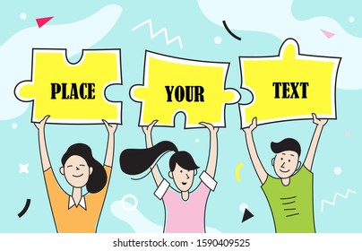 Creative teamwork, cooperation and partnership concept. People connecting puzzle elements. Vector illustration.