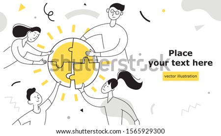 Creative teamwork, cooperation and partnership concept. People connecting puzzle elements. Vector illustration flat design style.  