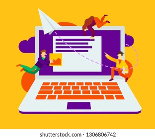 Creative teamwork. Group of small are building a business project on the Internet. The monitor screen is a building site. Presentation, web banner or landing page. Vector illustration