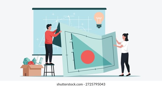 Creative teamwork illustration of two people analyzing and adjusting a large chart with geometric shapes and graphs in a modern design workspace.