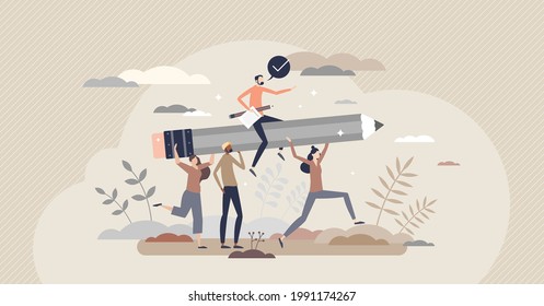 Creative teamwork and innovative project job development tiny person concept. Team power and corporate collaboration strength for high productivity ideas and efficiency marketing vector illustration.