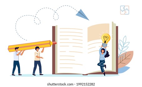 Creative teamwork and innovative project job development Book author writing script and novel Tiny business people collaborating for high productivity ideas Brainstorming and teamwork concept