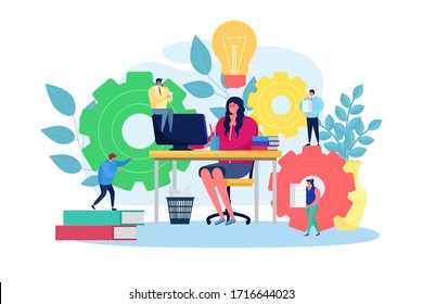 Creative teamwork for main business idea, vector illustration. People help generate project concept idea. Woman working on brainchild development at desk with computer. Assistance in company.