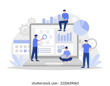 Creative teamwork. People are building a business project on the Internet. The monitor screen is a building site.Modern vector flat illustration