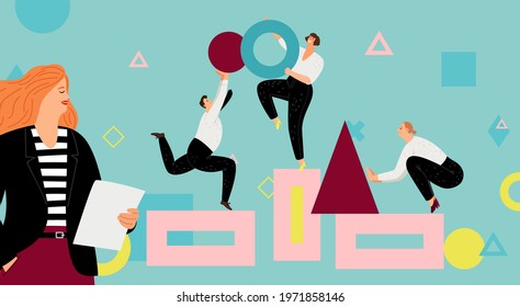Creative teamwork. People collect geometric forms, creators teamwork. Leadership, girl watch at employees. Leader of startup or group job vector metaphor