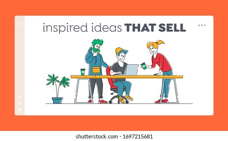 Creative Teamwork Process in Office Landing Page Template. Business People Characters Discussing Work Idea with Colleagues Team. Project Development, Teamworking Brainstorm. Linear Vector Illustration