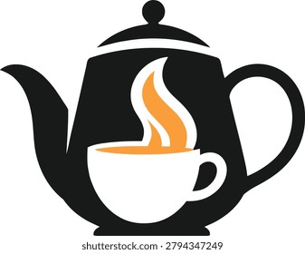 Creative teapot logo featuring a tea cup integrated inside the kettle body with rising steam. Modern beverage branding symbol representing hot tea, teahouses, cafés, tea shops,