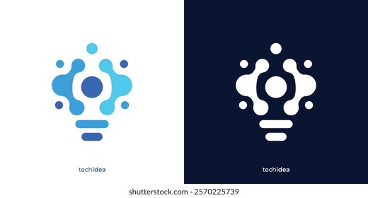 Creative Tech Idea Logo. Lightbulb and Dot Connect, Molecule Icon Graphic. Lamp Tech Logo Design Template.
