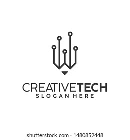 Creative tech logo template - a pencil with  network icon