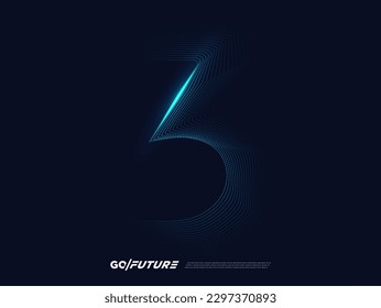 Creative technology digital number typography three, third, 3rd, 3 font. Modern futuristic blue lines and light effect on the dark background for ai logo, big data, new year poster, anniversary type…