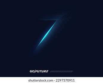 Creative technology digital number typography seven, seventh, 7th, 7 font. Modern futuristic blue lines and light effect on the dark background for ai logo, big data, new year poster, anniversary type