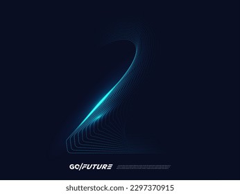 Creative technology digital number typography two, second, 2nd, 2 font. Modern futuristic blue lines and light effect on the dark background for ai logo, big data, new year poster, anniversary type…