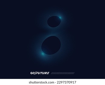 Creative technology digital number typography eight, eighth, 8th, 8 font. Modern futuristic blue lines and light effect on the dark background for ai logo, big data, new year poster, anniversary type…